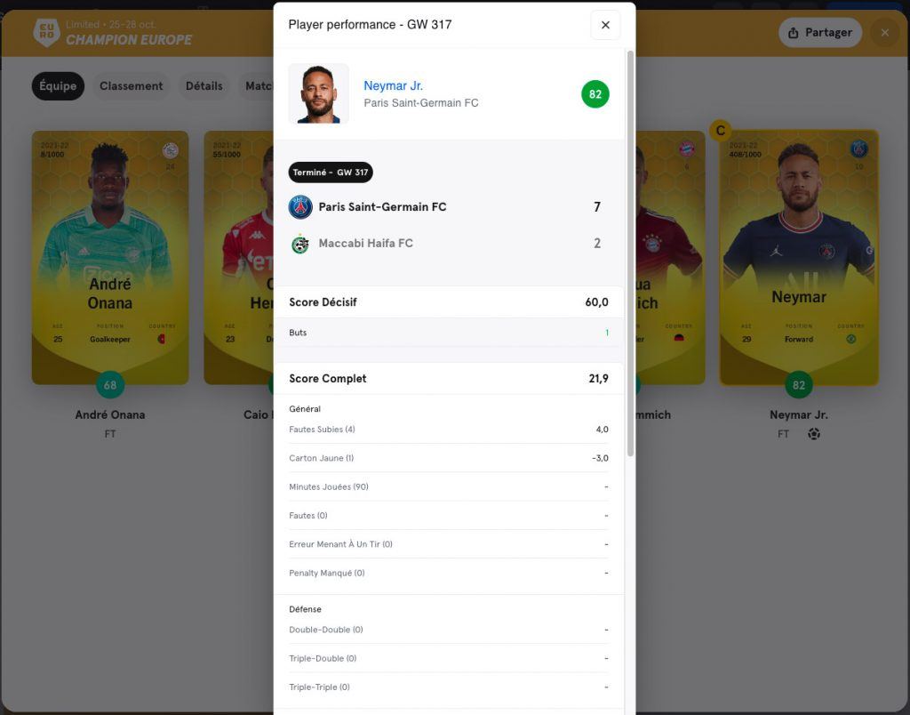 Note des joueurs et détail de la notation de Neymar